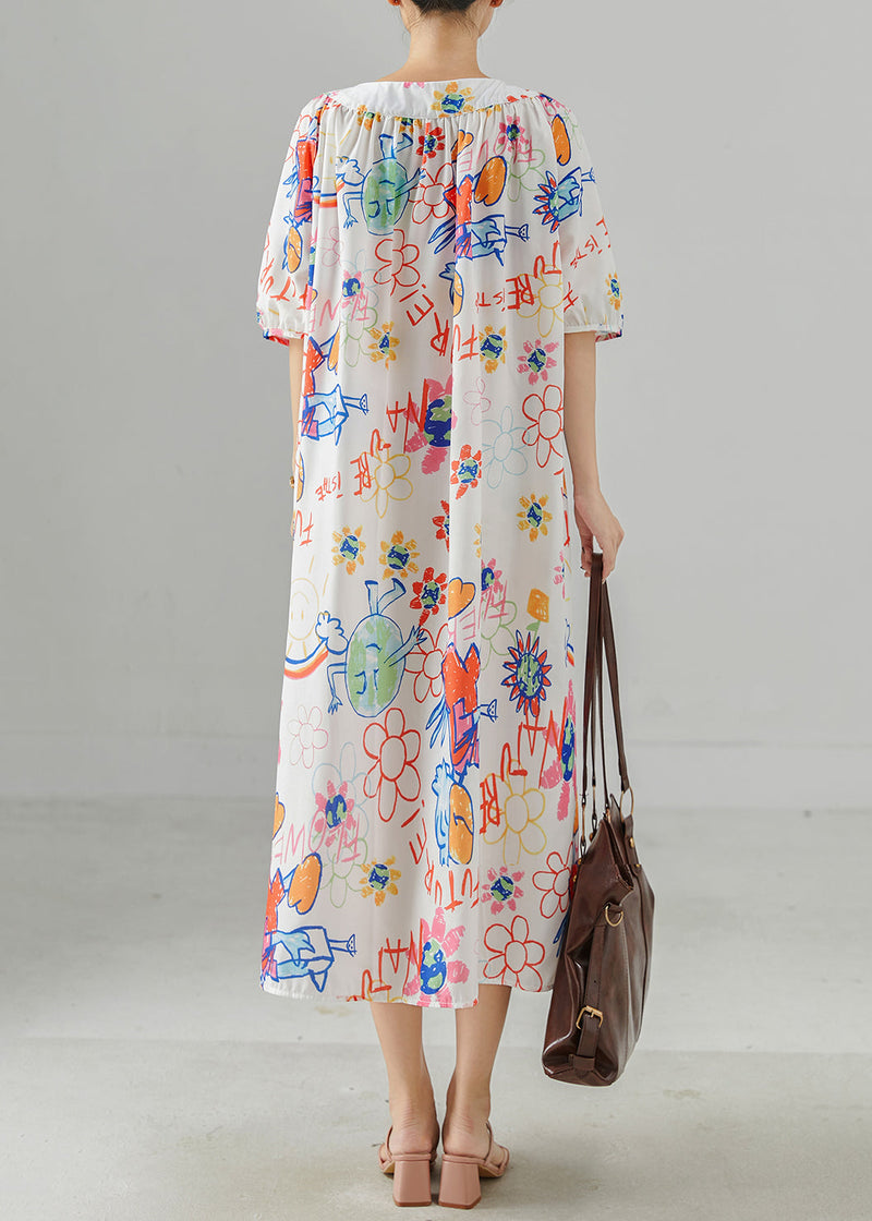 White Oversized Print Cotton Holiday Dress Summer