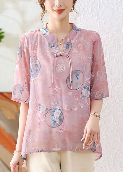 Pink Chinese Button Print Chiffon Shirt Summer