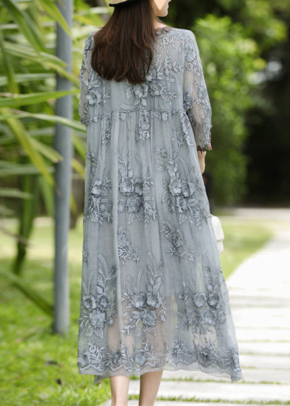 Grey O-neck Embroidered Silk Long Dresses Bracelet Sleeve
