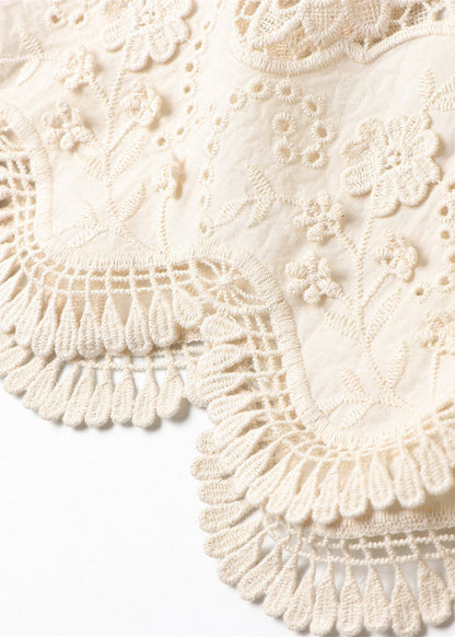 Beige Double-layer Embroidered Cotton Blouses Spring