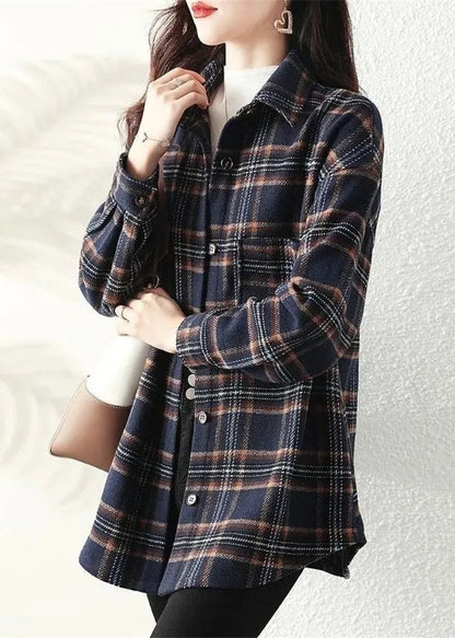 Navy Peter Pan Collar Plaid Cotton Shirt Coats Spring