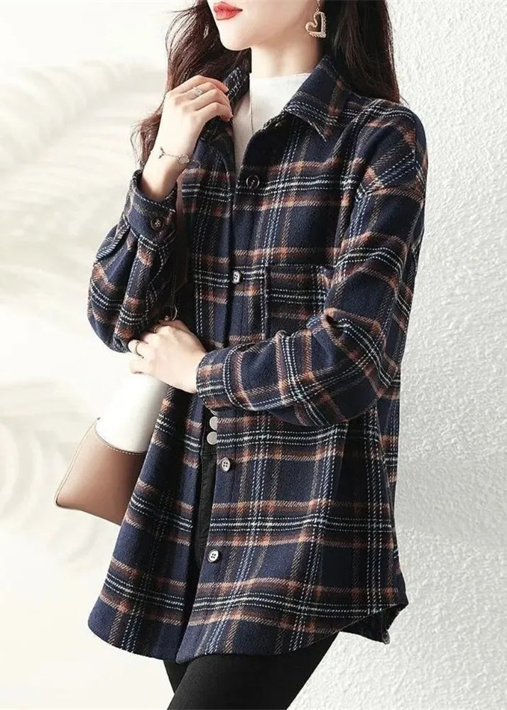 Navy Peter Pan Collar Plaid Cotton Shirt Coats Spring