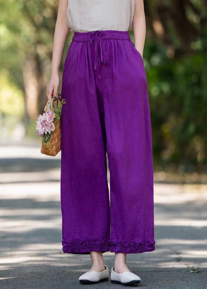 Stylish Purple Ruffled Pockets Linen Wide Leg Pants