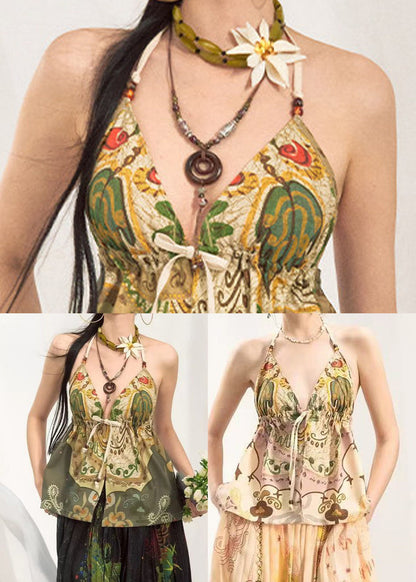 Green Oversized Print Cotton Halter Tops Summer