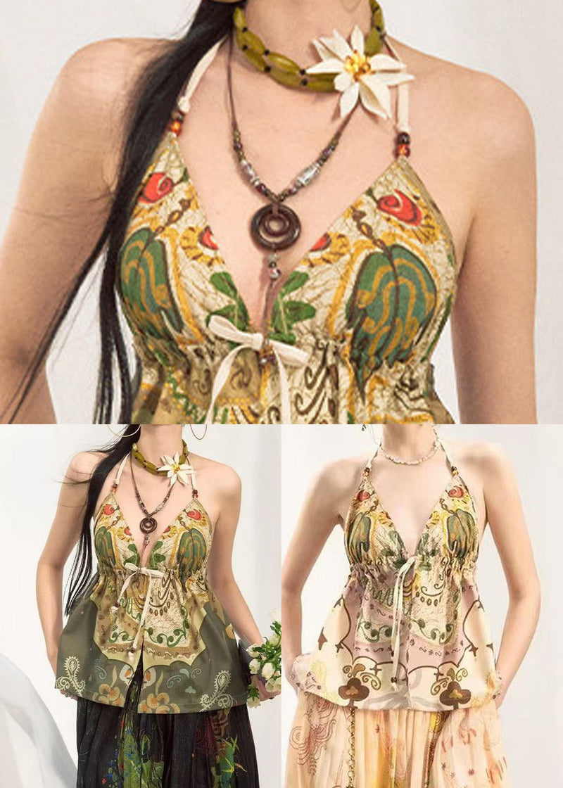 Beige Print Cotton Beach Vest Deep-v Neck Summer