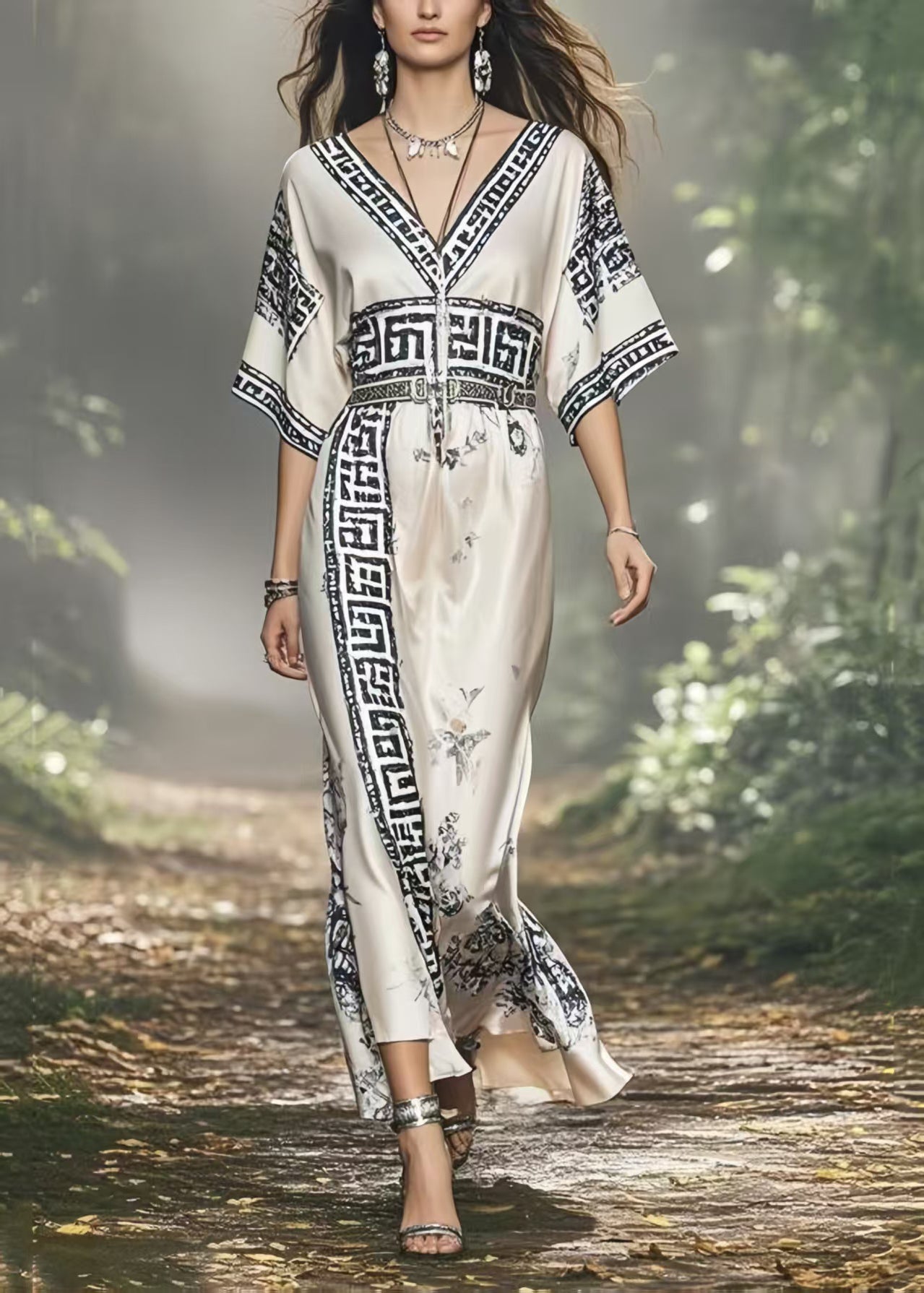 White V Neck Print Silk Vacation Dresses Summer