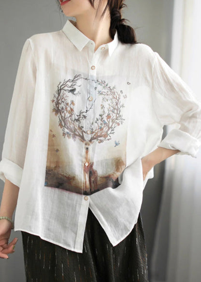 Natural White Peter Pan Collar Button Ramie Tops Spring