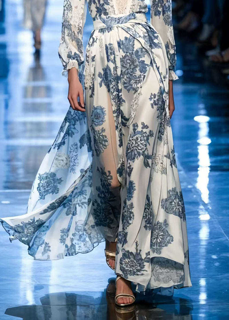 Blue Print Draping Silk Vacation Dresses Summer