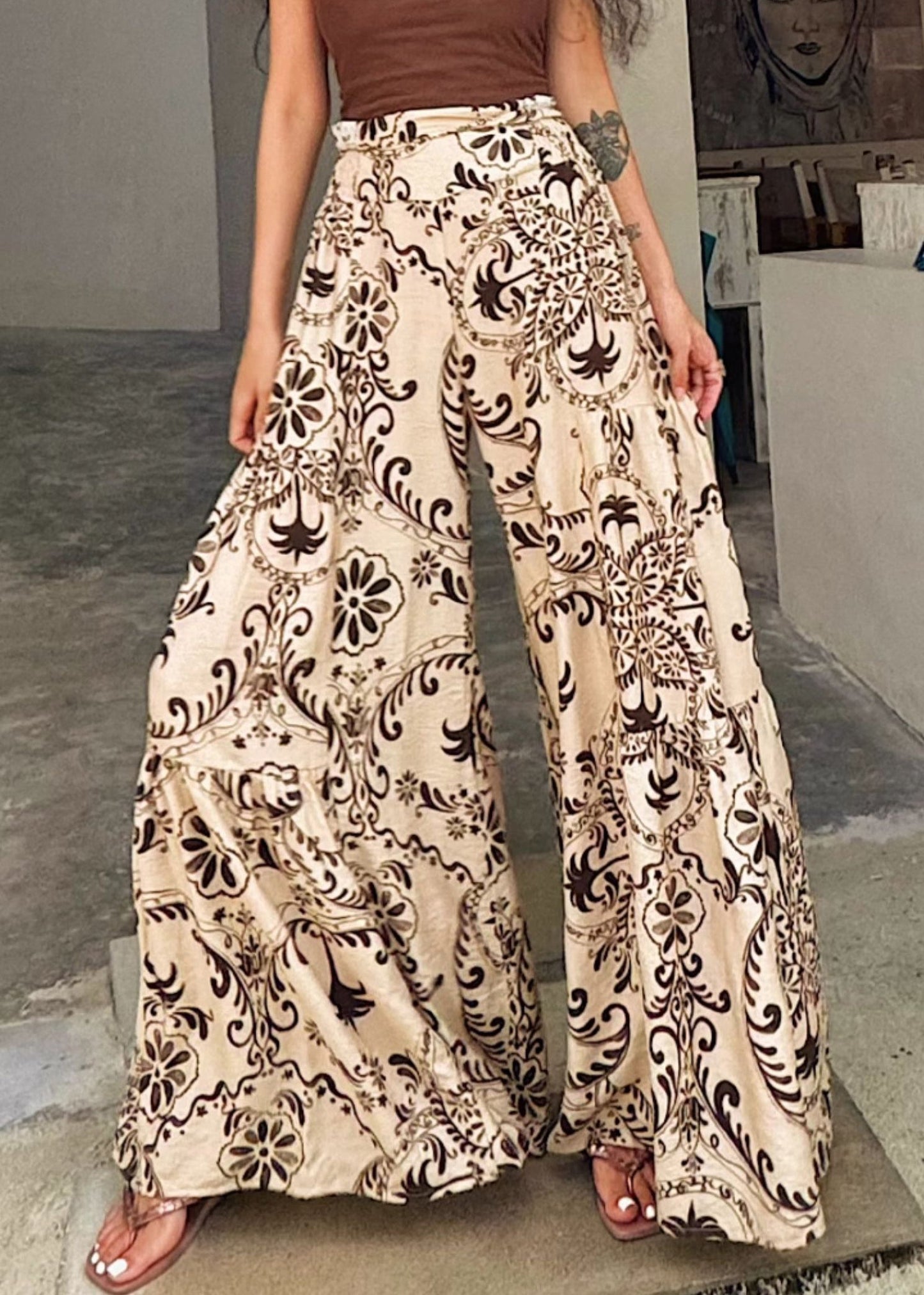 Apricot Print Pockets Cotton Wide Leg Pants Summer