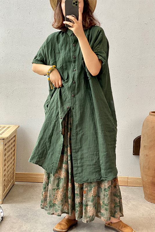 Summer Linen Shirt Dress Short Sleeve Cardigan Dress