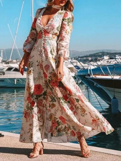 V Neck Button Maxi Dress Lantern Sleeve