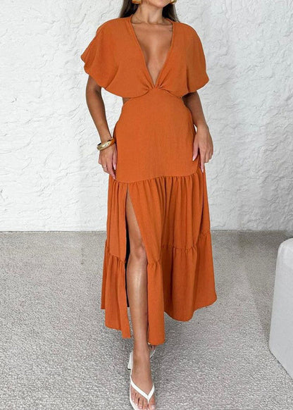 Orange V Neck Wrinkled Side Open Cotton Dress Summer
