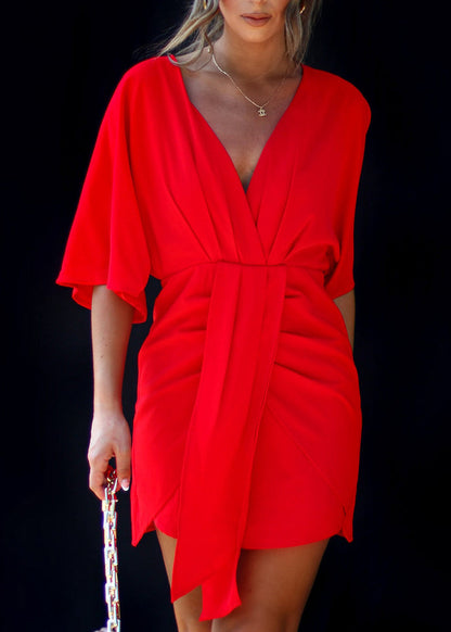 Art Red V Neck Wrinkled Patchwork Cotton Dresses Summer