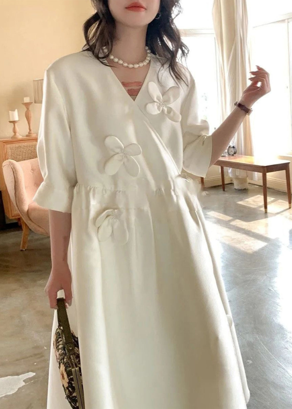 White V Neck Lace Up Cotton Long Dress Summer