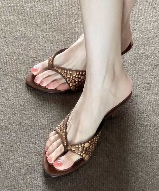 Coffee Suede Riveted High Heel Flip Flops
