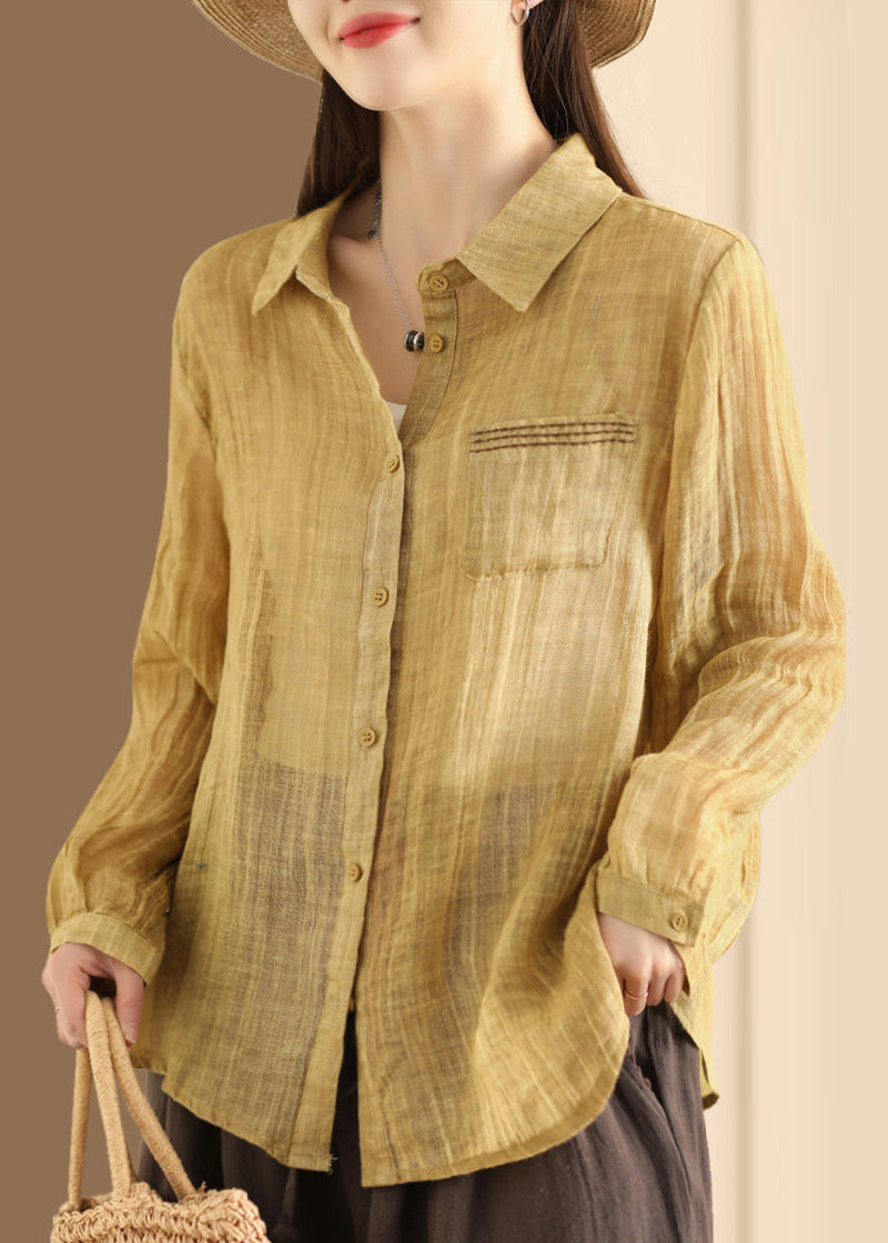 Yellow Peter Pan Collar Button Linen Blouses Long Sleeve