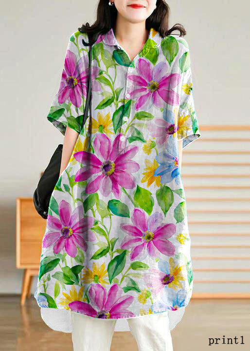 Jade Purple Flower Linen Linen Shirt Dress