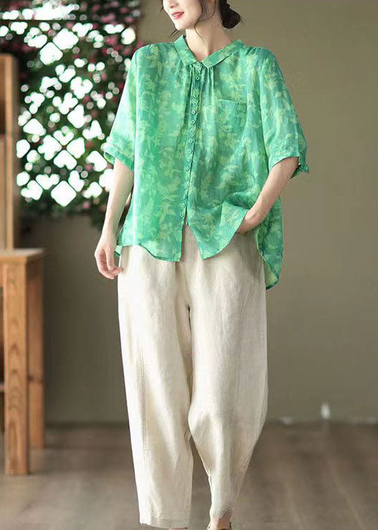 Green Peter Pan Collar Patchwork Linen Blouses Summer