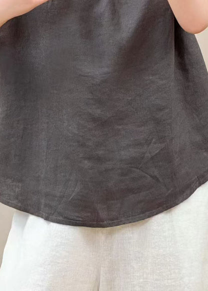 Stylish Grey Ruffled Linen Shirt Top Sleeveless