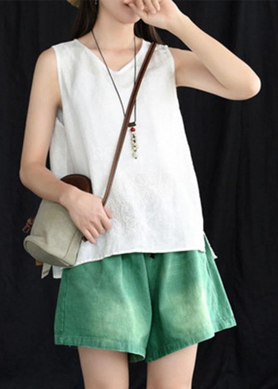 Blue Embroidered Sleeveless Linen Shirt Tops Summer