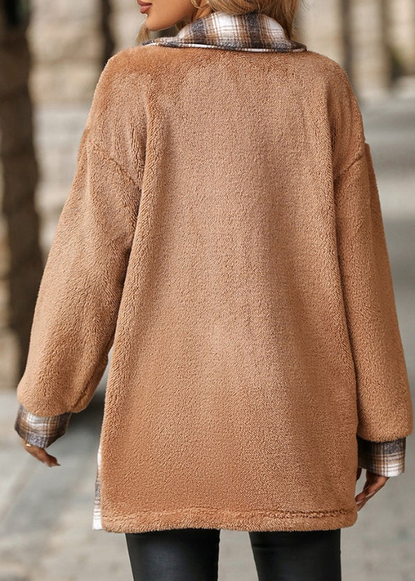Unique Khaki Peter Pan Collar Pockets Patchwork Fuzzy Fur Fluffy Coat Fall