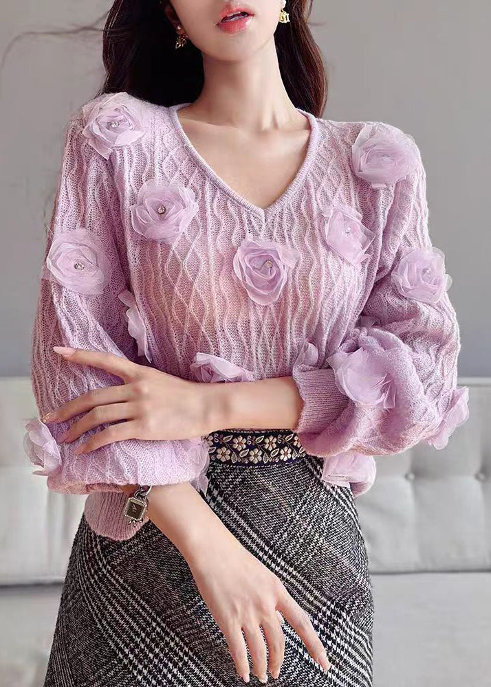Purple V Neck Knit Sweater Lantern Sleeve