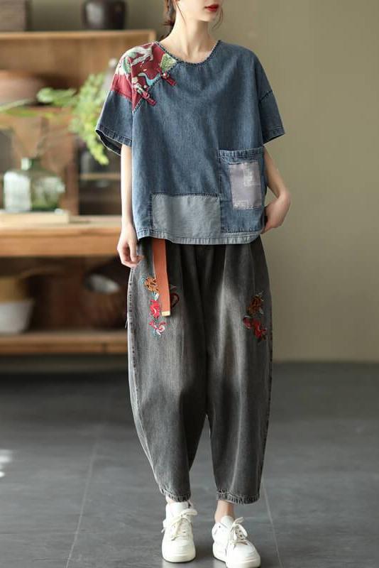 Denim Cotton Patchwork Pocket T-shirt