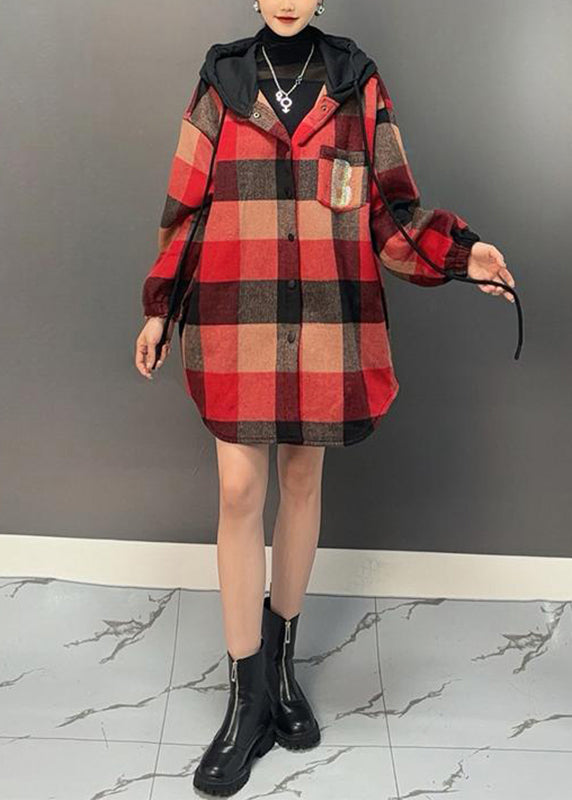 Red Plaid Asymmetrical Button Thick Woolen Hooded Coat Winter