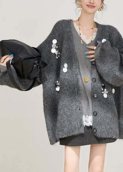 Grey Sequins Cotton Knit Cardigans Fall