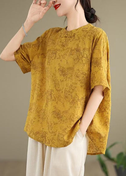 Yellow Print Cotton Shirt Chinese Button Half Sleeve