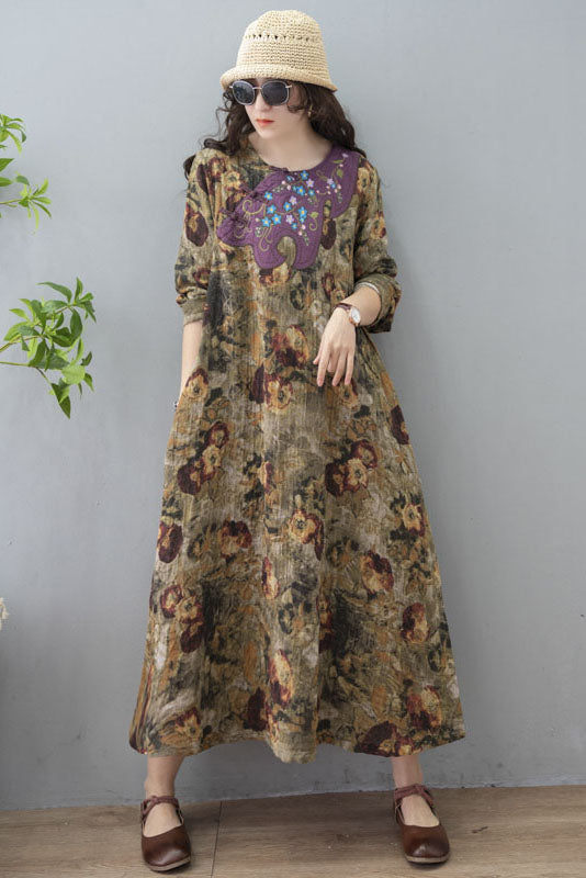 Spring Retro Printed Long Skirt Long Sleeve Cotton Linen Dress