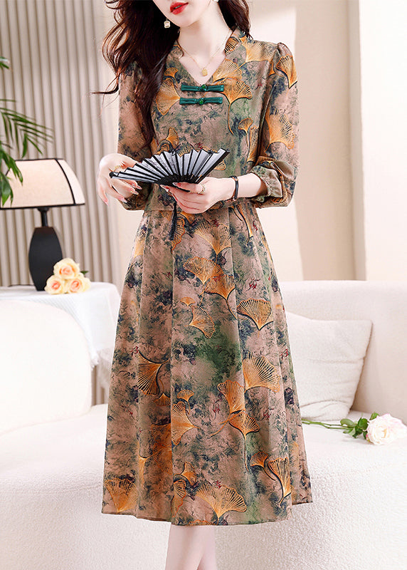 V Neck Print False Two Pieces Cotton Dress Fall