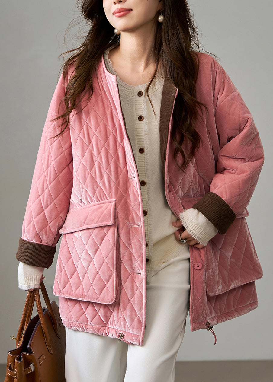 Pink Plaid Fine Cotton Filled Silk Velvet Jackets Winter