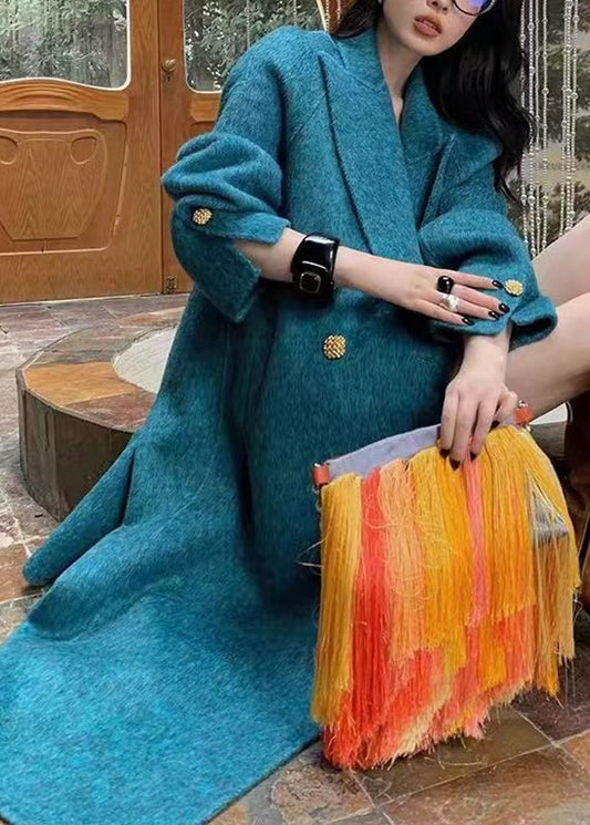 Organic Blue Notched Patchwork Pockets Maxi Woolen Coats Winter