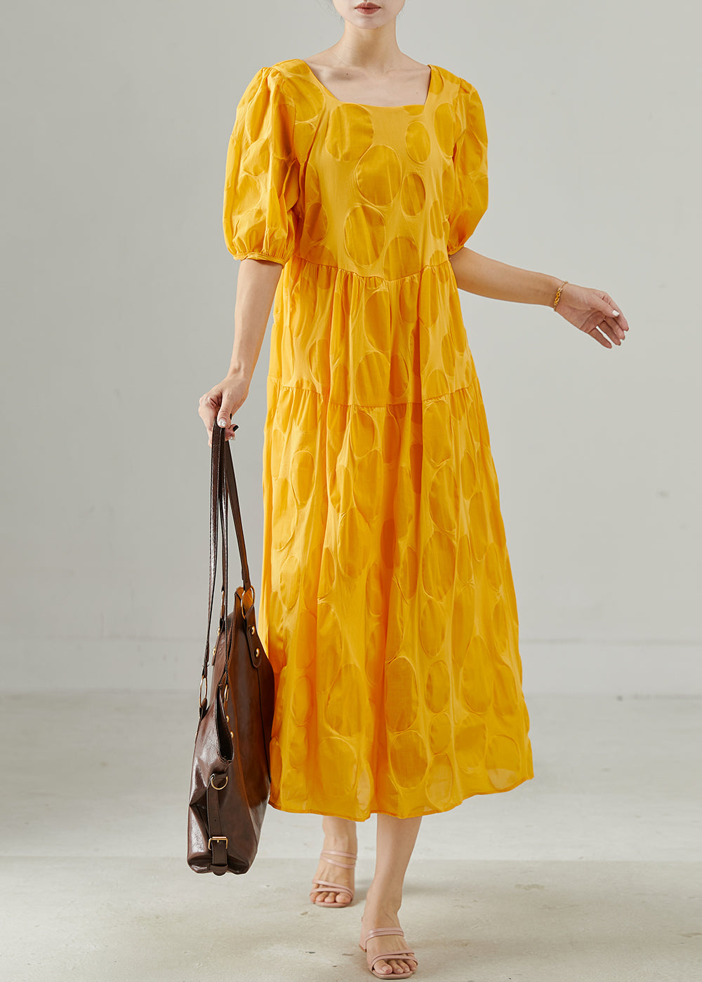 Yellow Square Collar Cotton Holiday Dress Summer