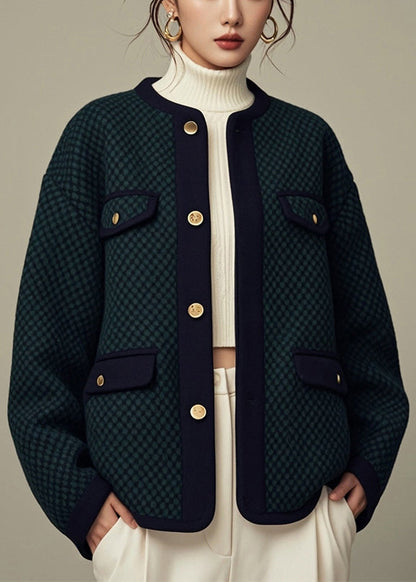 Loose Green O-neck Button Cotton Coats Fall