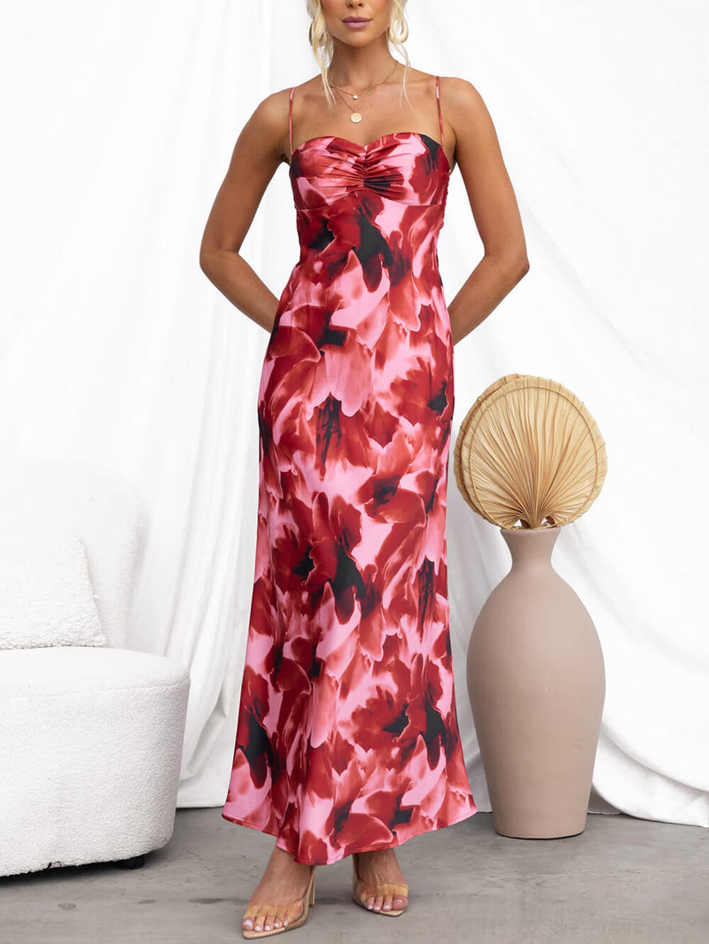 Ruched Bust Print Slip Maxi Dress