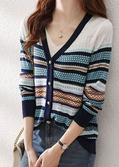 Colorblock V Neck Striped Patchwork Button Knit Cardigans Fall