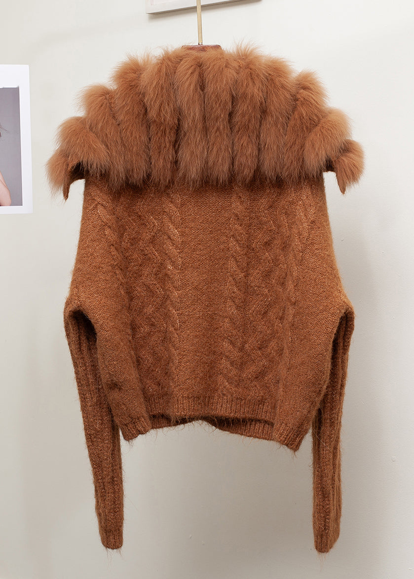 Loose Brown Sailor Collar Fox Collar Patchwork Cable Knit Coat Fall