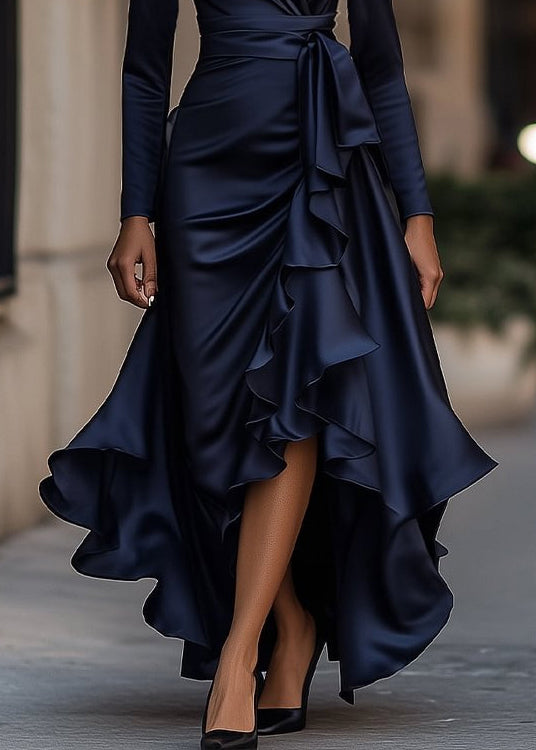 French Navy Asymmetrical Ruffled Patchwork Silk Dresses Fall