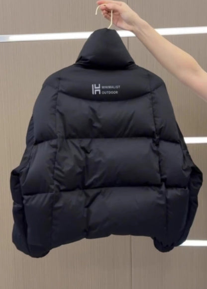 Stylish Black Stand Collar Zippered Patchwork Parka Puff Sleeve