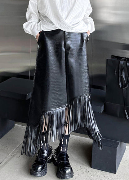 Black High Waist Tassel Patchwork Faux Leather a Line Skirt Fall