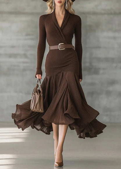 Unique Chocolate V Neck Ruffled Patchwork Cotton Dress Fall