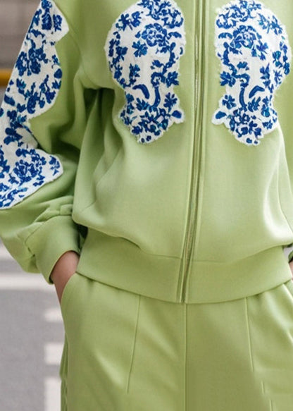 Diy Fruits Green Stand Collar Print Cotton Jacket Fall