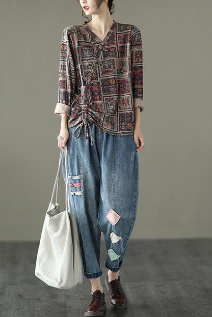 Retro Drawstring Print Cotton Blouse
