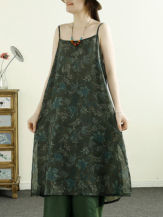 Summer Flower Ramie Vest Dress