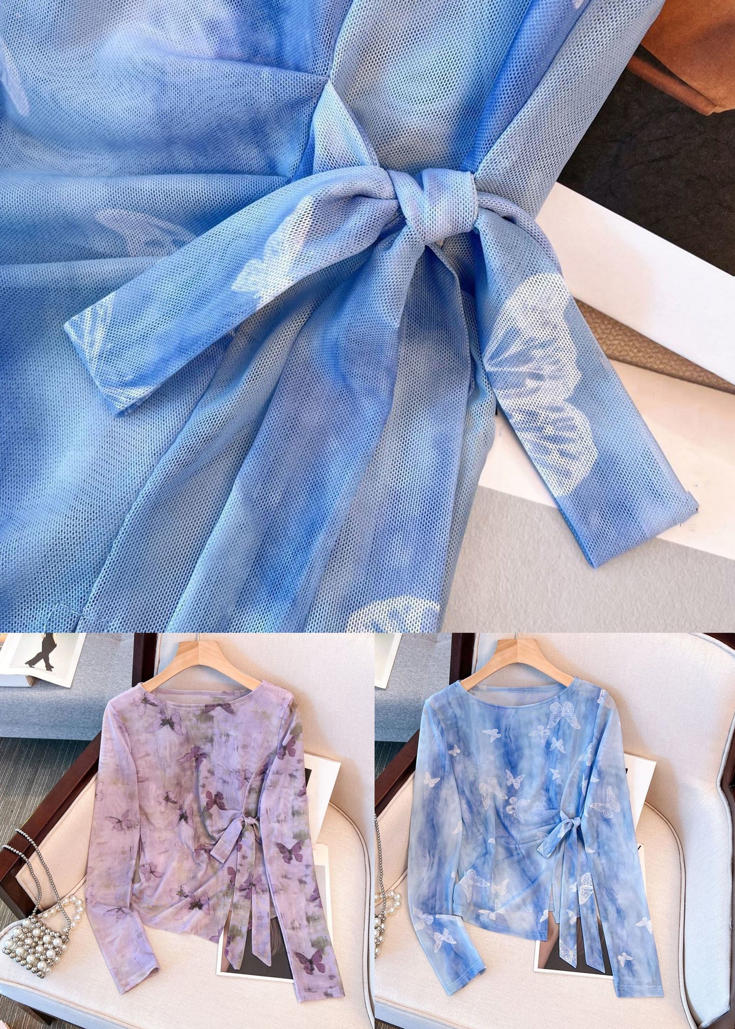 Blue O Neck Butterfly Print Tulle T Shirt Fall