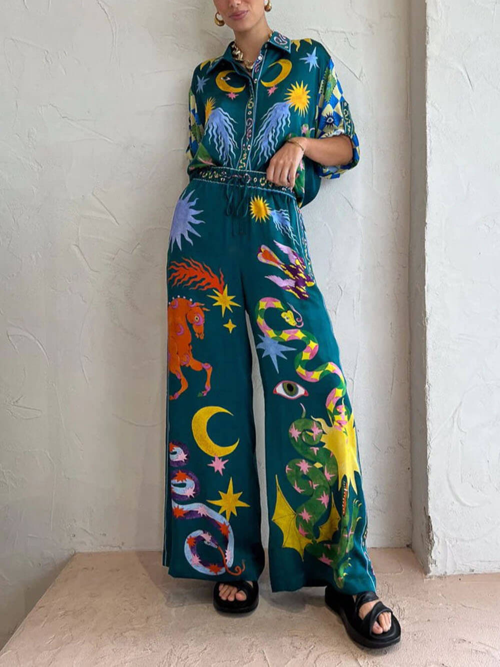Loose Elastic Waist Unique Print Pocketed Wide Leg Pants Set