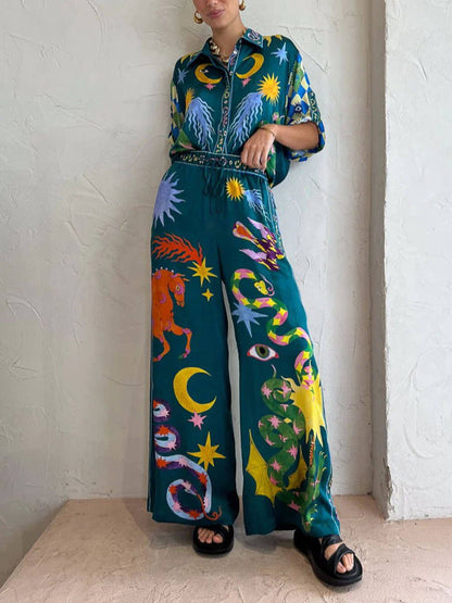 Loose Elastic Waist Unique Print Pocketed Wide Leg Pants Set