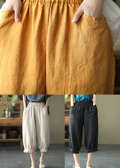 Black Pockets Elastic Waist Linen Crop Pants Summer